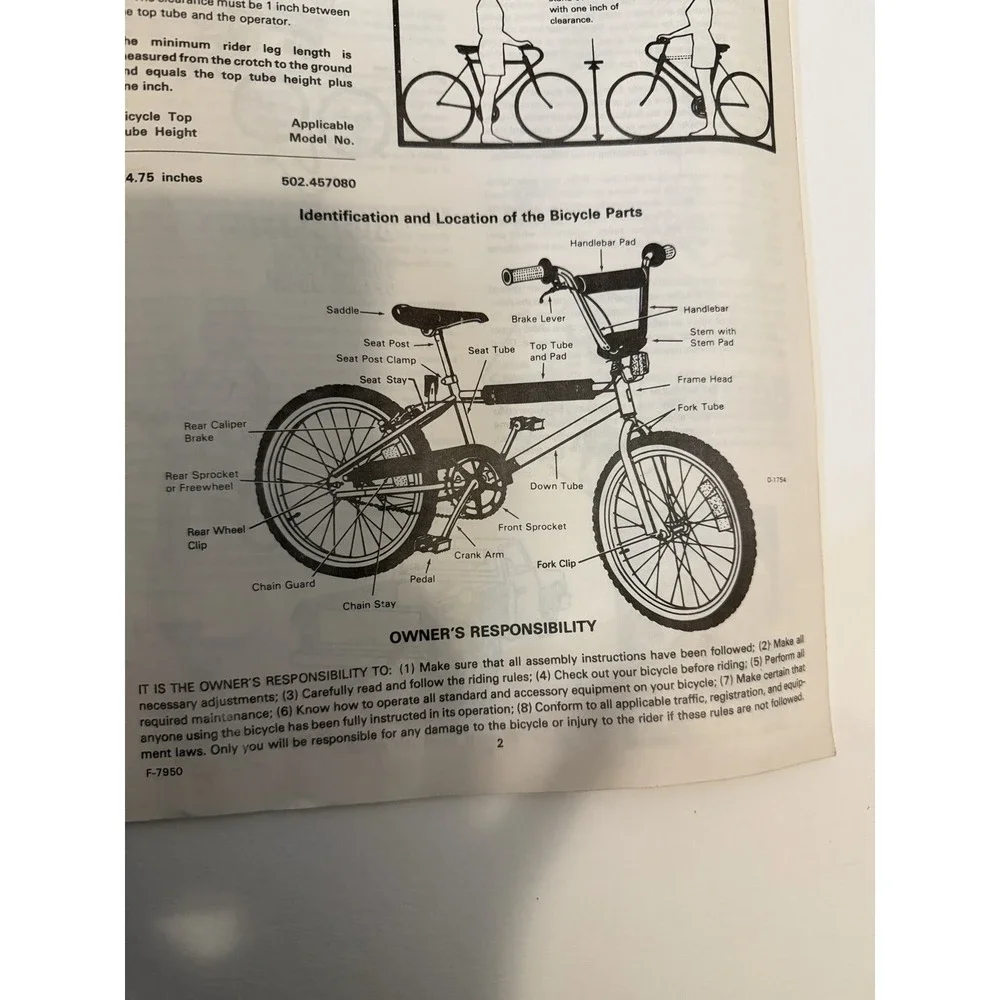 Sears Owner's Manual BMX Bicycle 502.457080 Vintage 70's‎ Or 80's